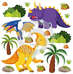 Set of cute dinosaurs isolated on white background