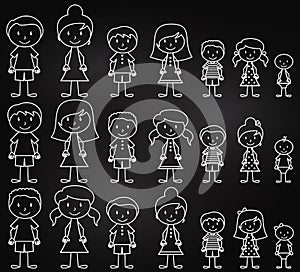 Set of Cute and Diverse Chalkboard Stick People in Vector Format