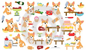 Set Cute dog corgi cooks are cooking in the kitchen. Baking cakes and pastries, cooking vegetables and meat