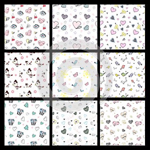 Set of cute doodle of bird and heart seamless pattern vector background
