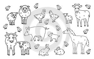 Set of cute doodle black outline vector cartoon animals at farm. Sheep ram, cow, bull, calf, chicken, rooster, goat mother and kid