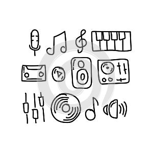 Set cute doodle hand drawn music icon collection