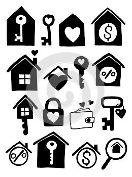 set of cute doodle illustration icons on the theme of real estate purchase, mortgage, sweet home. hand drawn