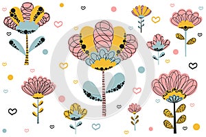 Set of cute doodles of abstract flowers in Scandinavian style, contour hearts and circles on a white background. Girly clip-art fo