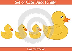 Set of cute duck family vector isolated on white background. Swimming cartoon mother and baby duck characters.