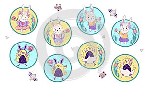 Set of cute Easter animals. Rabbit girl and boy with Easter eggs and a rose and Chickens sitting in an egg in a round decorative