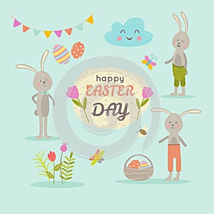 Set of cute Easter cartoon characters and design elements bunny, butterflies, eggs and flowers. Vector illustration.