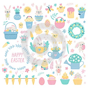 Set of cute Easter cartoon characters and design elements. Bunny, chickens, eggs and flowers. Vector illustration