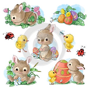 Set of cute Easter cartoon characters and design elements. Easter bunny, chickens, eggs and flowers. illustration.
