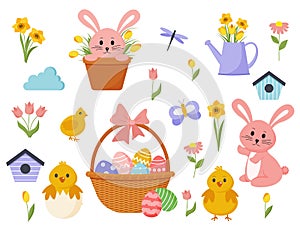 Set of cute Easter cartoon characters and design elements. Easter bunny, chickens, eggs and flowers. Vector illustration