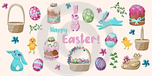 Set of cute Easter cartoon characters and design elements. Easter bunny, chickens, eggs and flowers. Vector illustration