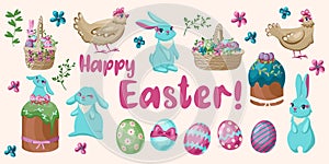 Set of cute Easter cartoon characters and design elements. Easter bunny, chickens, eggs and flowers. Vector illustration