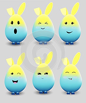 set Cute easter egg in kawaii style. 3D. Happy holiday greeting card template design element