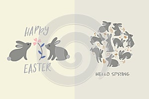 Set of Cute Easter Greeting Cards with Rabbits and Flowers. Easter Bunnies Vector Illustrations