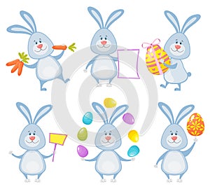 Set of cute Easter rabbits with Easter eggs and banners.