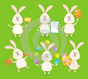 Set of cute Easter rabbits with Easter eggs and banners.