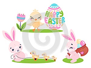 Set of cute Easter rabbits with Easter eggs and chicken. Collection of Easter bunny isolated on white background.