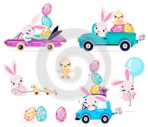 Set of cute Easter rabbits with Easter eggs and chicken. Transport with Easter bunny.