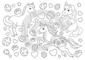 Set of cute Easter unicorns. Coloring book page for kids. Cartoon style character. Vector illustration isolated on white