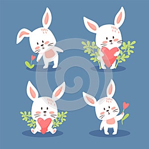 Set of cute Easter or Valentine bunnies. Lovely little rabbits collection. Vector illustration, cartoon flat style. Small kittens