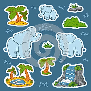 Set of cute elephants and natural sites, vector stickers of animals photo