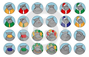 Set of cute emotions and situations of hippo. Happy, sad, angry, in love, female with lipstick, Santa hippopotamus, Happy Birthday