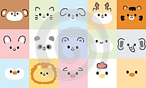 Set of cute face animals on pastel frame background.Cartoon