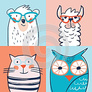 Set of cute faces of cat, bear, owl, llama