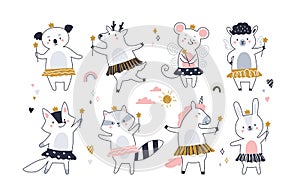 Set of cute fairy animals with magic wands in Scandi style. Childish Scandinavian fabulous characters in crowns and