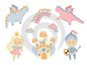 Set of cute fairy tale elements for kids party. birthday, textile, book desigh. Princess, castle, knight, cute dragons, rainbow