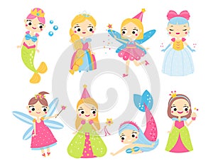 Set of Cute fairy tales characters. Collection of magic Mermaids, fairy and princess in cartoon style