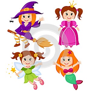 Set of cute fairytale girls. Halloween witch, mermaid, princess and fairy