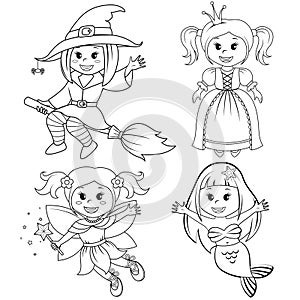 Set of cute fairytale girls. Halloween witch, mermaid, princess and fairy. Black and white vector illustration for coloring book