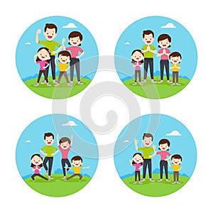 Set of cute family doing exercises