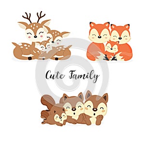 Set of cute family woodland animals. Foxes,Deer,Squirrels cartoon.
