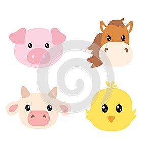 Set of cute farm animals faces isolated on white background. Cow, pig, horse and chick head for kids.