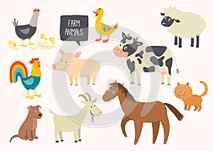 Set of cute farm animals. Horse, cow, sheep, pig, duck, hen, goat, dog, cat, cock. Cartoon vector hand drawn eps 10