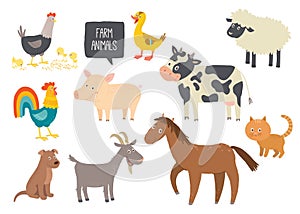 Set of cute farm animals. Horse, cow, sheep, pig, duck, hen, goat, dog, cat, cock. Cartoon vector hand drawn eps 10