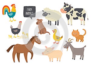 Set of cute farm animals. Horse, cow, sheep, pig, duck, hen, goat, dog, cat, cock. Cartoon vector hand drawn eps 10