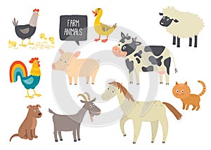 Set of cute farm animals. Horse, cow, sheep, pig, duck, hen, goat, dog, cat, cock. Cartoon vector hand drawn eps 10