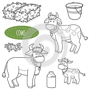 Sada skladajúca sa z roztomilý zvieratá a objekty vektor rodina kravy 