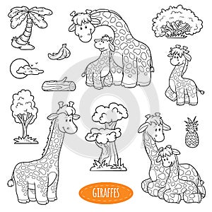 Set of cute farm animals and objects, vector family of giraffes