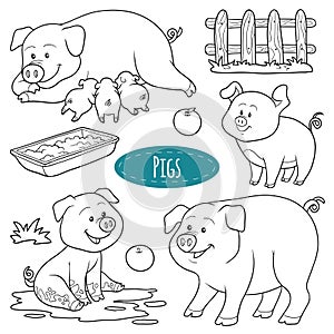 Set of cute farm animals and objects, vector family pigs