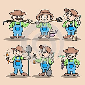 Set of cute farmer cartoon character