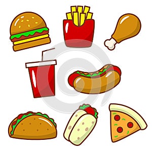 Set of cute fast food vector illustration isolated on white background