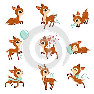 Flat vector set of cute fawn in different actions. Cartoon character of little deer. Adorable forest animal. Graphic photo