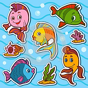 Set of cute fish and natural sites, vector stickers