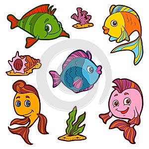 Set of cute fish and natural sites, vector stickers