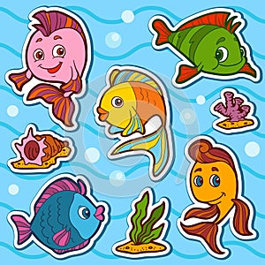 Set of cute fish and natural sites, vector stickers photo