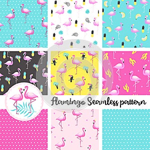 Set of cute flamingo. Seamless Pattern.